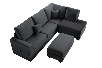 3pc Corduroy Sectional Set - Black Modern Sofa for Living Room