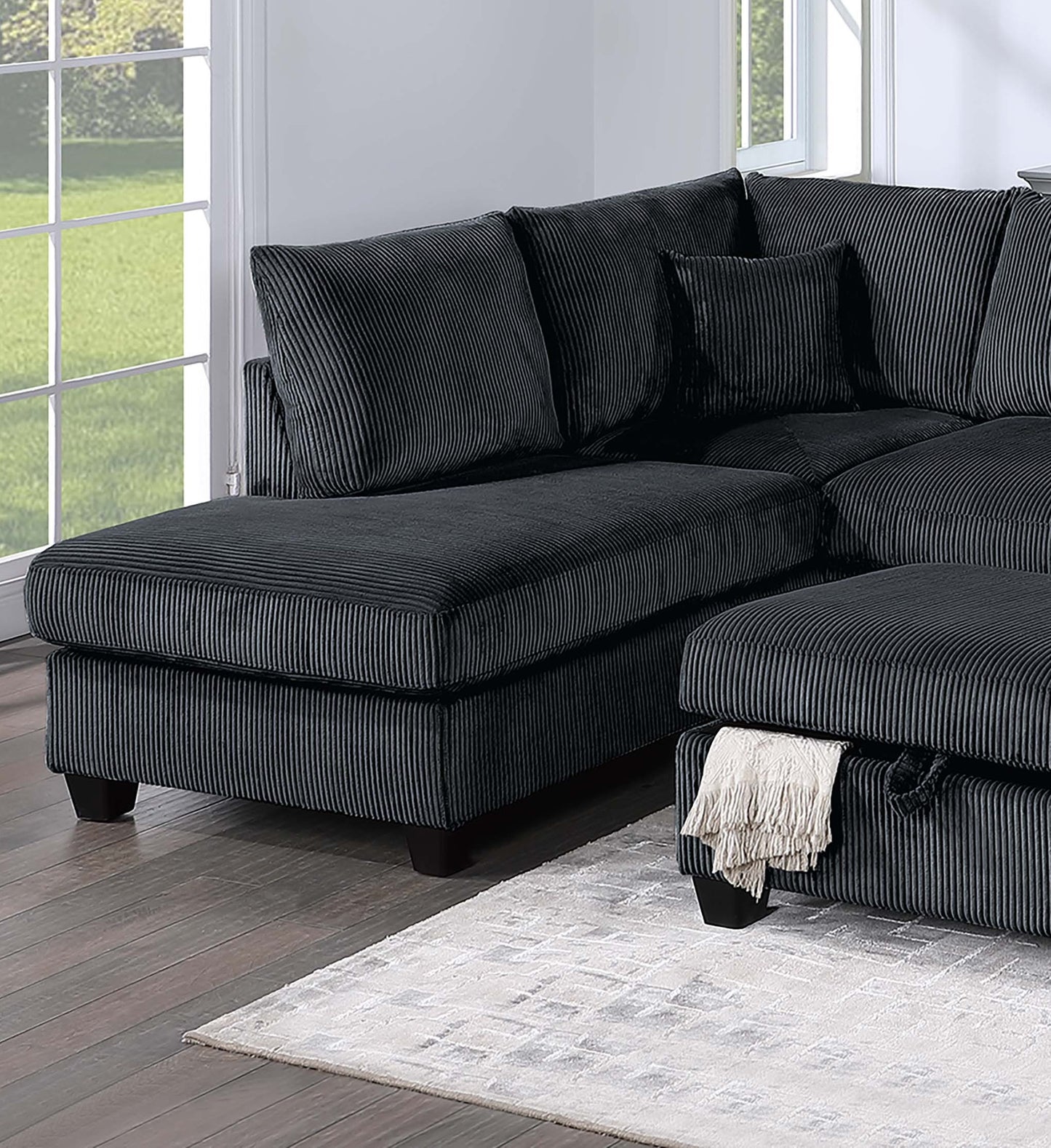 3pc Corduroy Sectional Set - Black Modern Sofa for Living Room