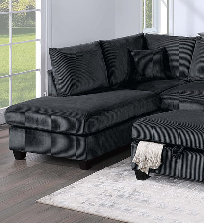 3pc Corduroy Sectional Set - Black Modern Sofa for Living Room