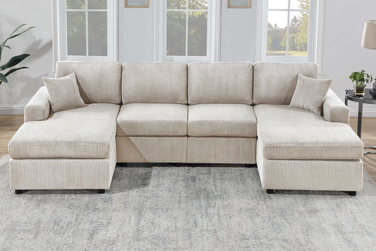 Modern Design Sectional Set 3pc Armless Loveseat Two Matching Pillow Right Arm And Left Arm Chaise Ivory Finish Primary Living Room