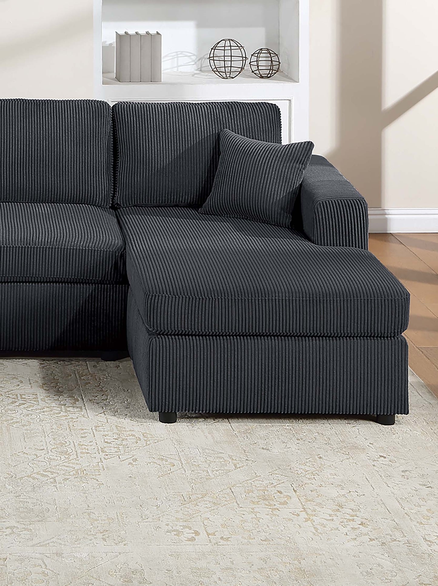 Black Corduroy 3 Piece Sectional Sofa Set