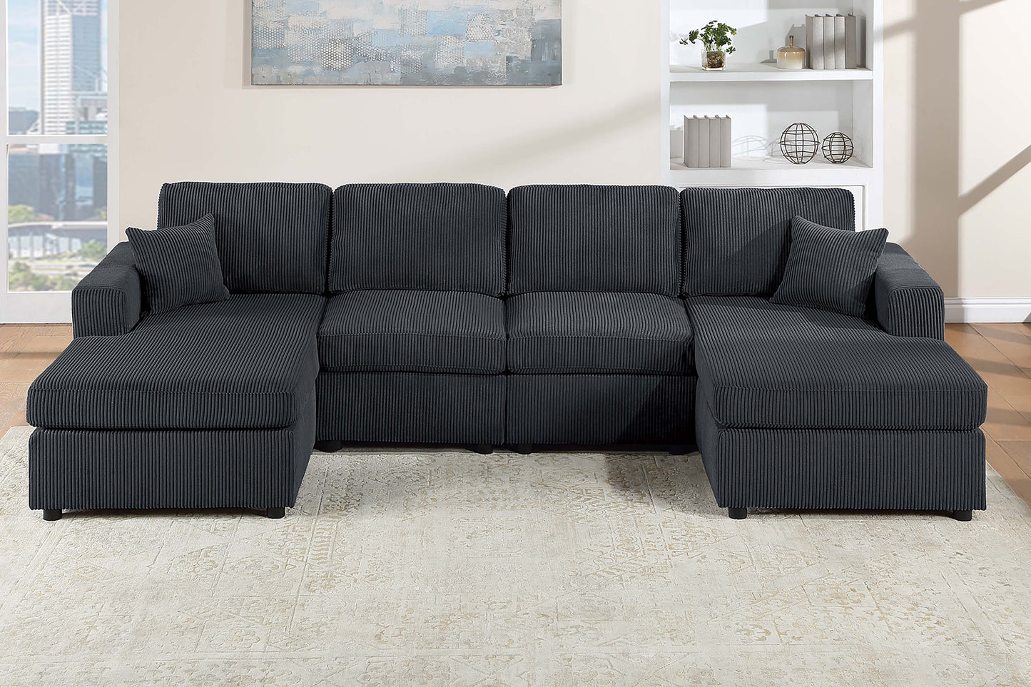 Black Corduroy 3 Piece Sectional Sofa Set