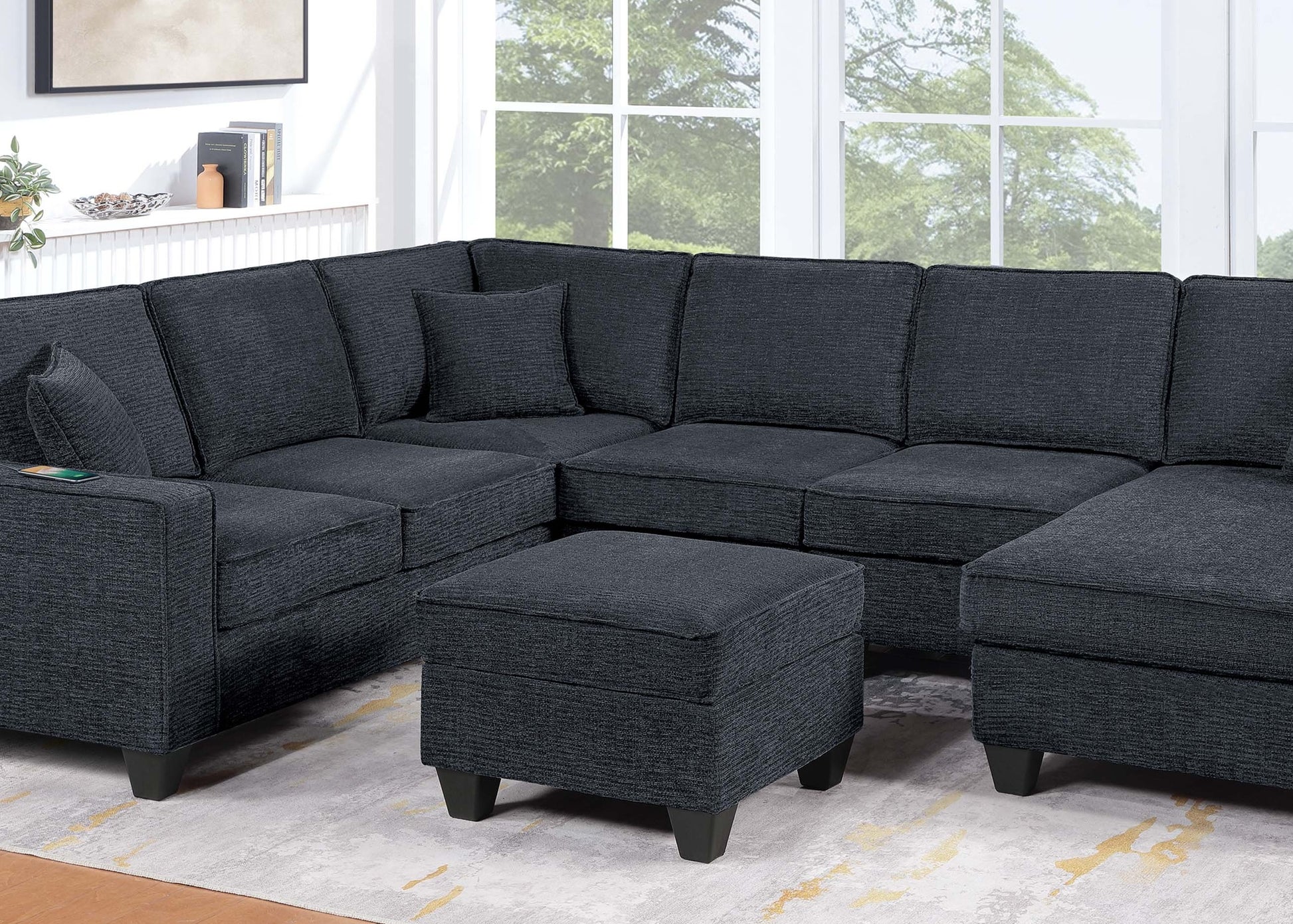 Black & Slate Chenille 5 Seat Sectional Sofa