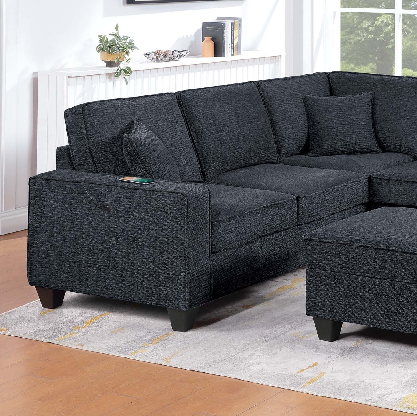 Black & Slate Chenille 5 Seat Sectional Sofa