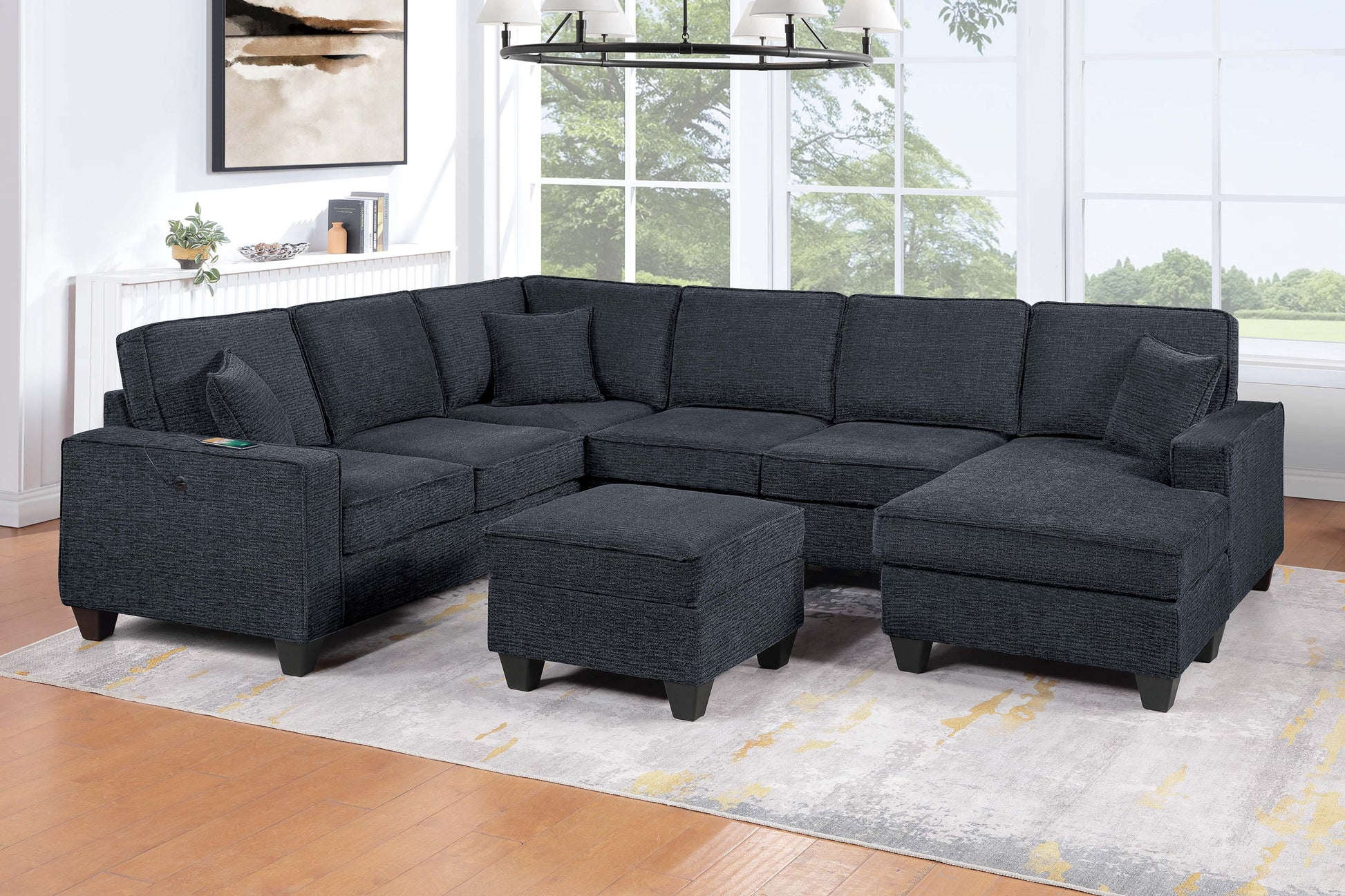 Slate Black Finish Contemporary Style 5pc Sectional Set Left Arm Loveseat With USB Port Corner Wedges Ottoman Armless Chairs Right Arm Loveseat With Chaise Primary Living Room
