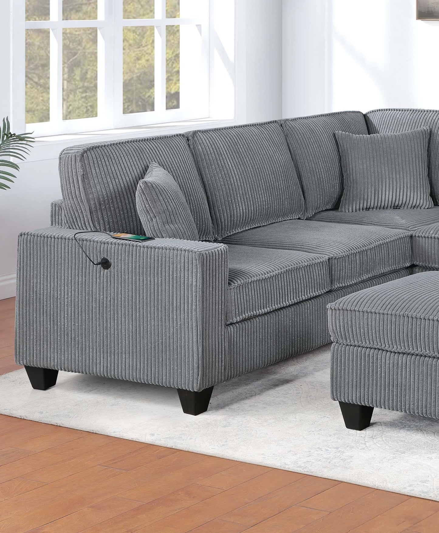 5 Seat Corduroy Sectional Sofa - Fog Color for Living Room