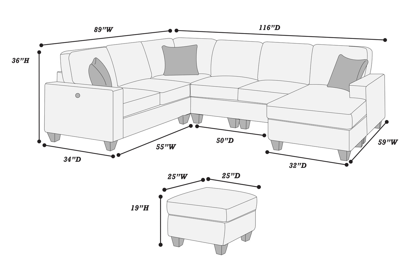 5 Seat Corduroy Sectional Sofa - Fog Color for Living Room