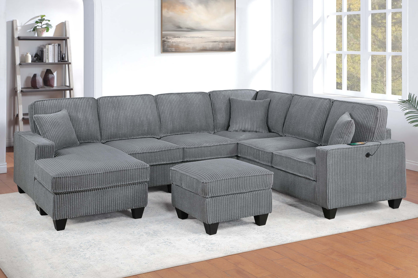 5 Seat Corduroy Sectional Sofa - Fog Color for Living Room