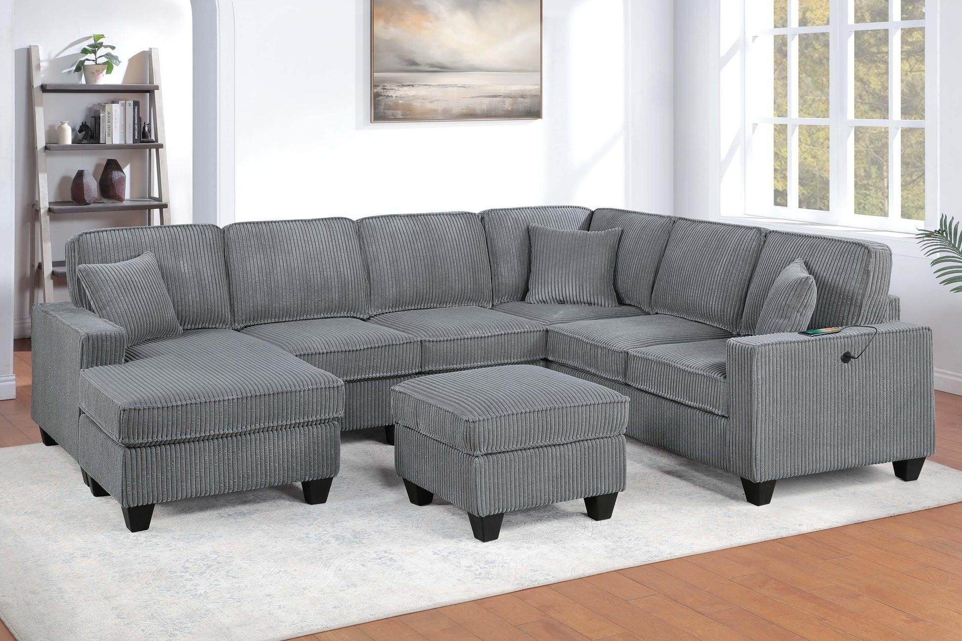 5 Seat Corduroy Sectional Sofa - Fog Color for Living Room