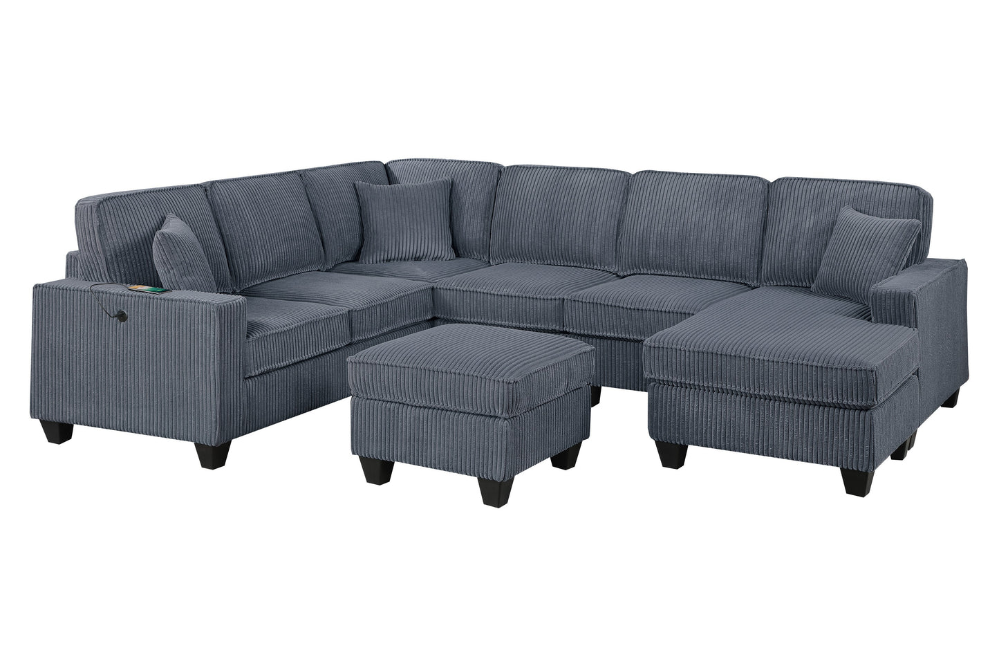 Dark Gray Corduroy Loveseat with USB Ports - 5 Seat Sectional for Living Room