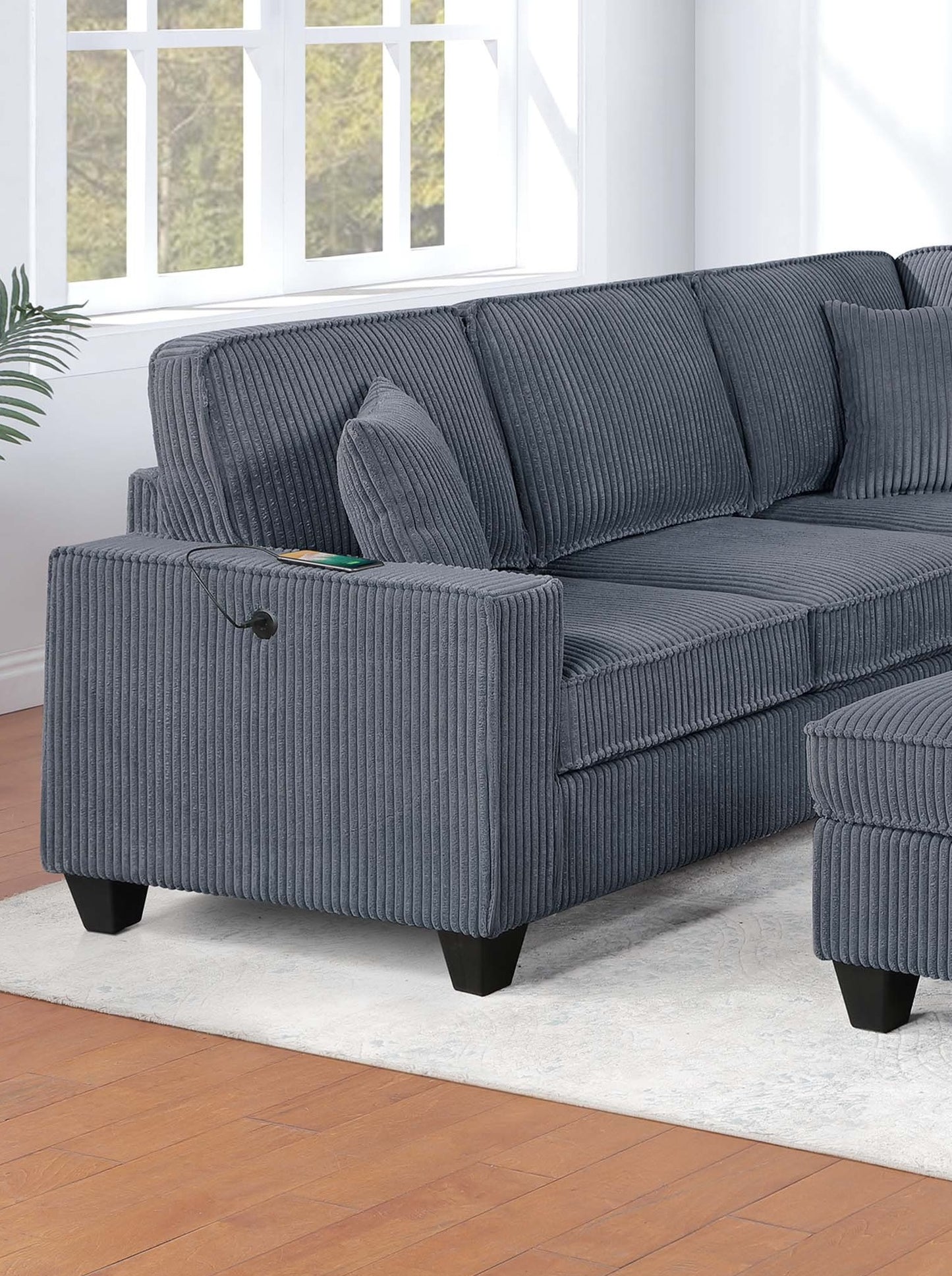 Dark Gray Corduroy Loveseat with USB Ports - 5 Seat Sectional for Living Room