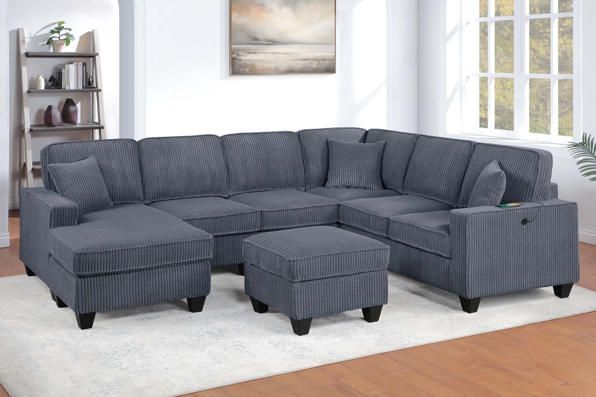 Dark Gray Corduroy Loveseat with USB Ports - 5 Seat Sectional for Living Room