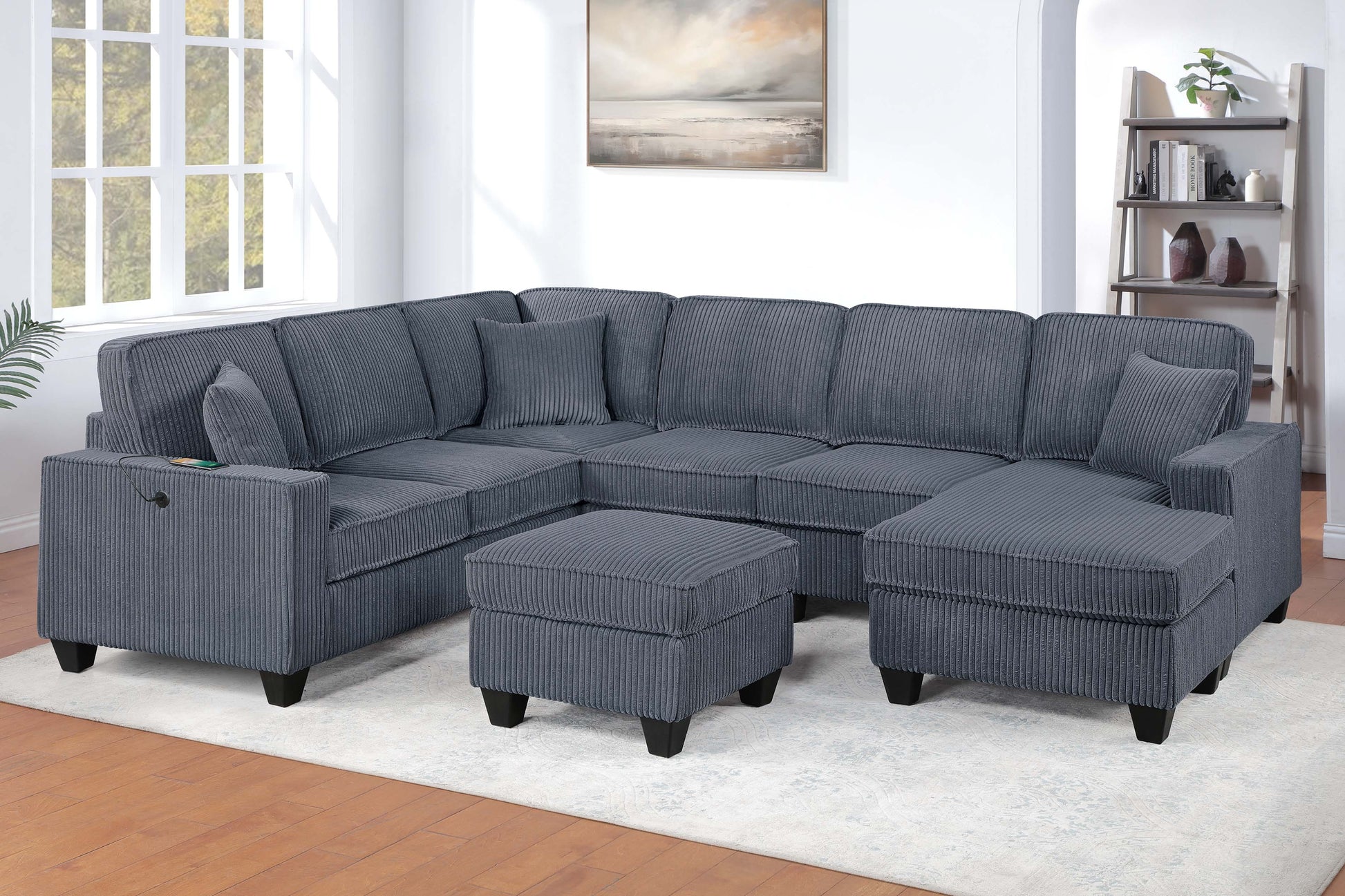 Dark Gray Finish  LAF Loveseat With USB Port Modern style 5pc Sectional Set Corner Wedge Armless Chair Cocktail Ottoman RAF Loveseat With Storage Primary Living Room