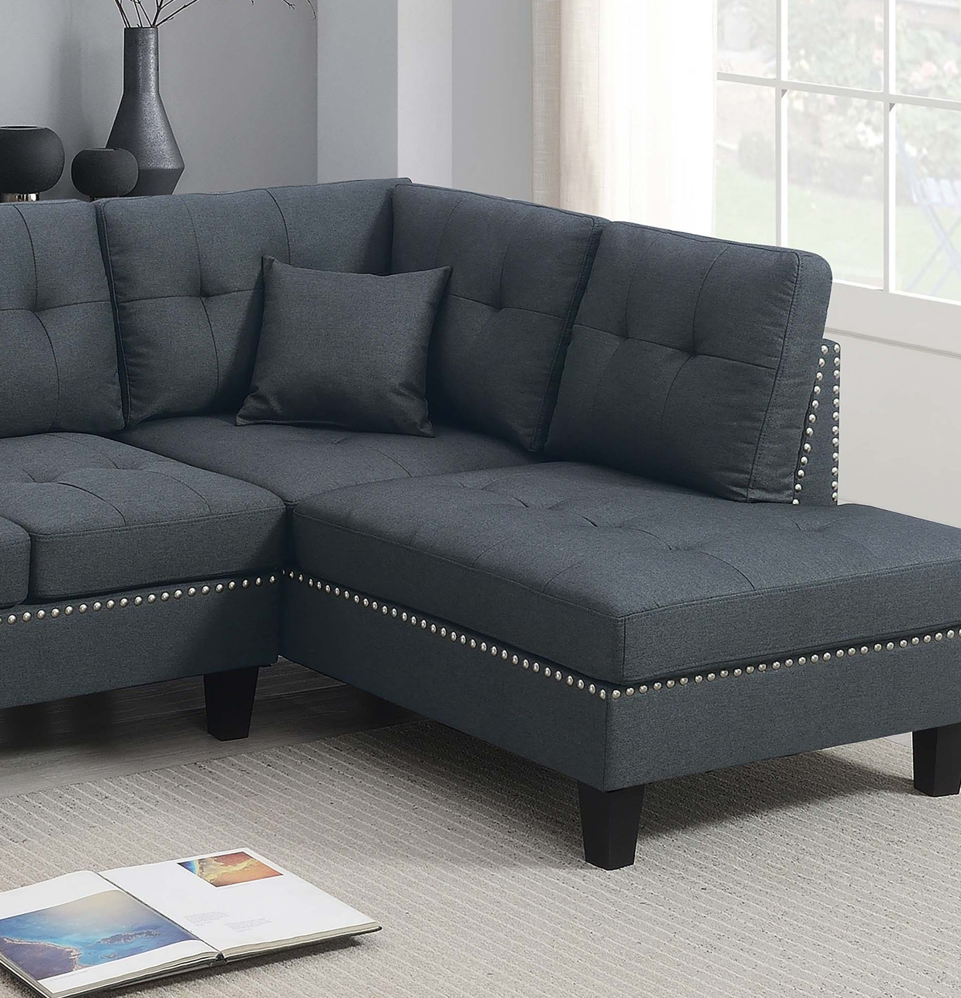 Modern 2-Piece Sectional Sofa - Charcoal Linen, 4 Seats