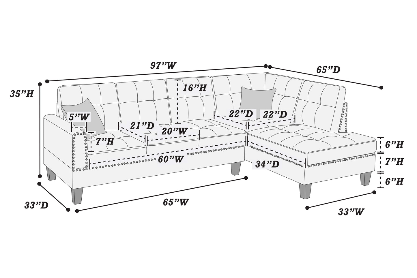 Modern 2-Piece Sectional Sofa - Charcoal Linen, 4 Seats