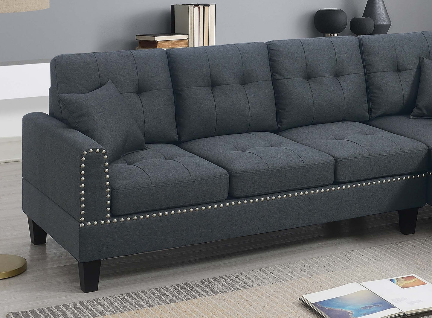 Modern 2-Piece Sectional Sofa - Charcoal Linen, 4 Seats