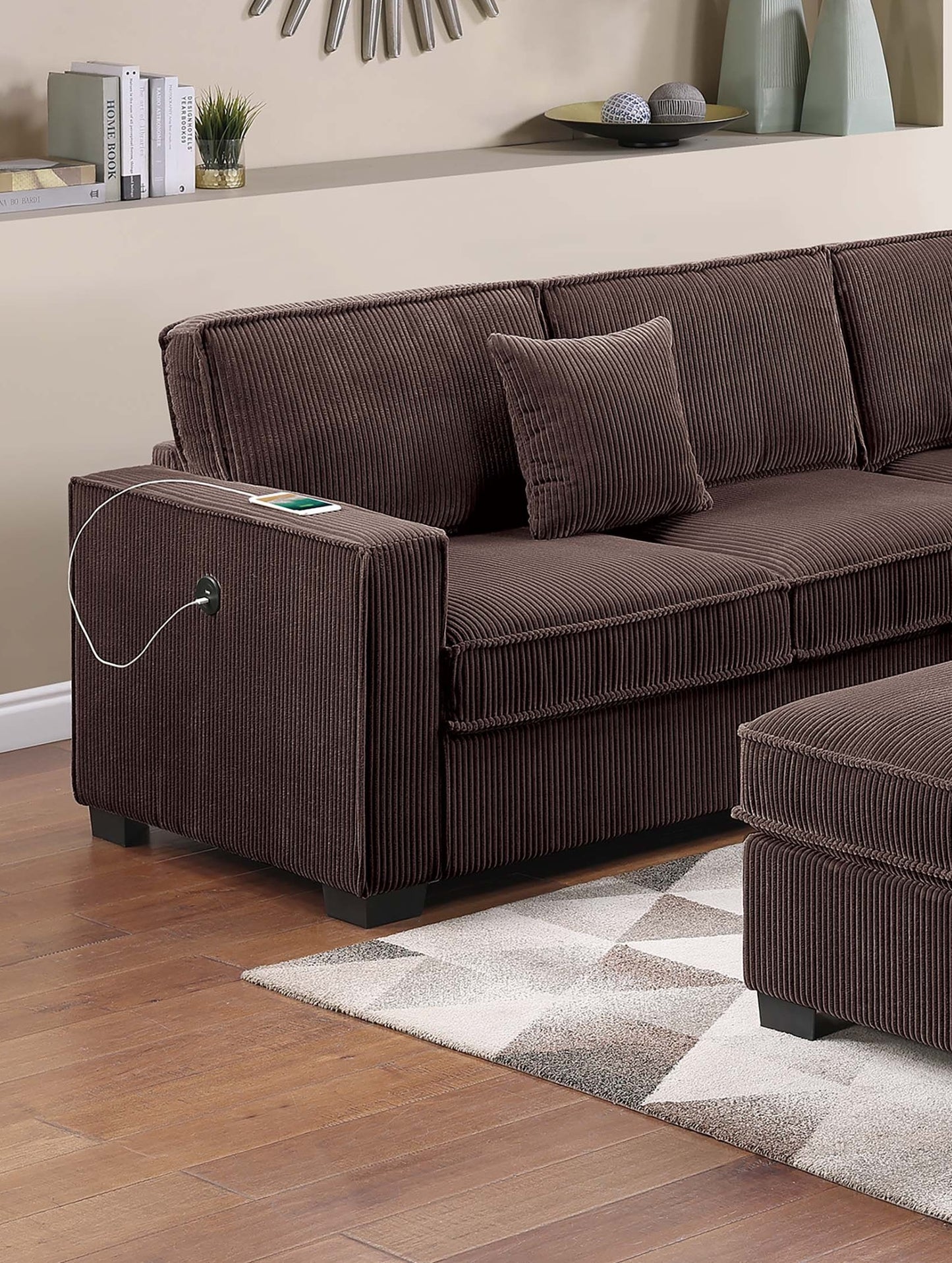 Chocolate Corduroy 4 Seat Sectional Sofa