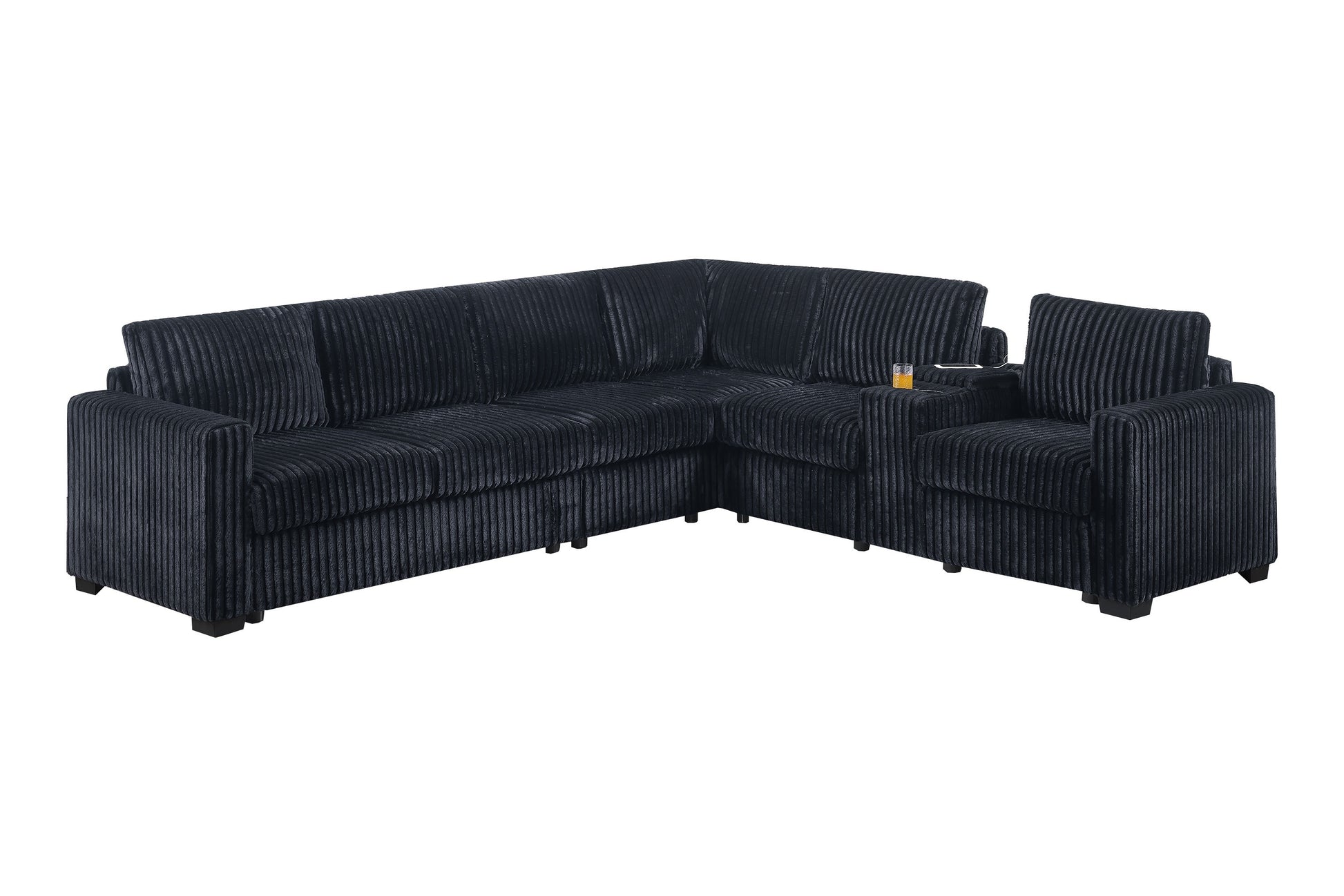 5-Seat Black Corduroy Sectional Sofa - Modern Living Room