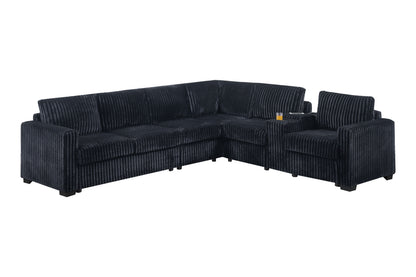 5-Seat Black Corduroy Sectional Sofa - Modern Living Room