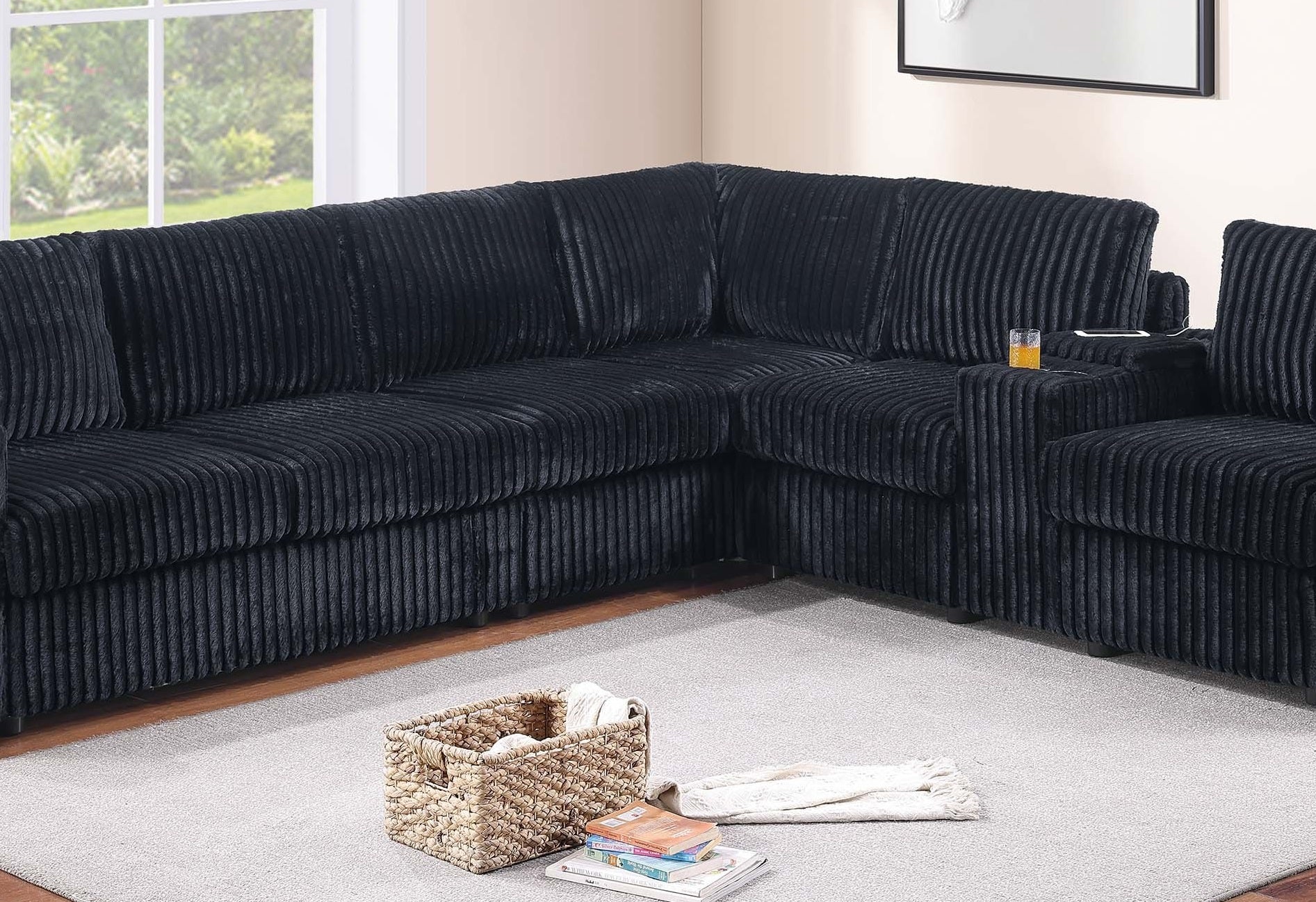 5-Seat Black Corduroy Sectional Sofa - Modern Living Room