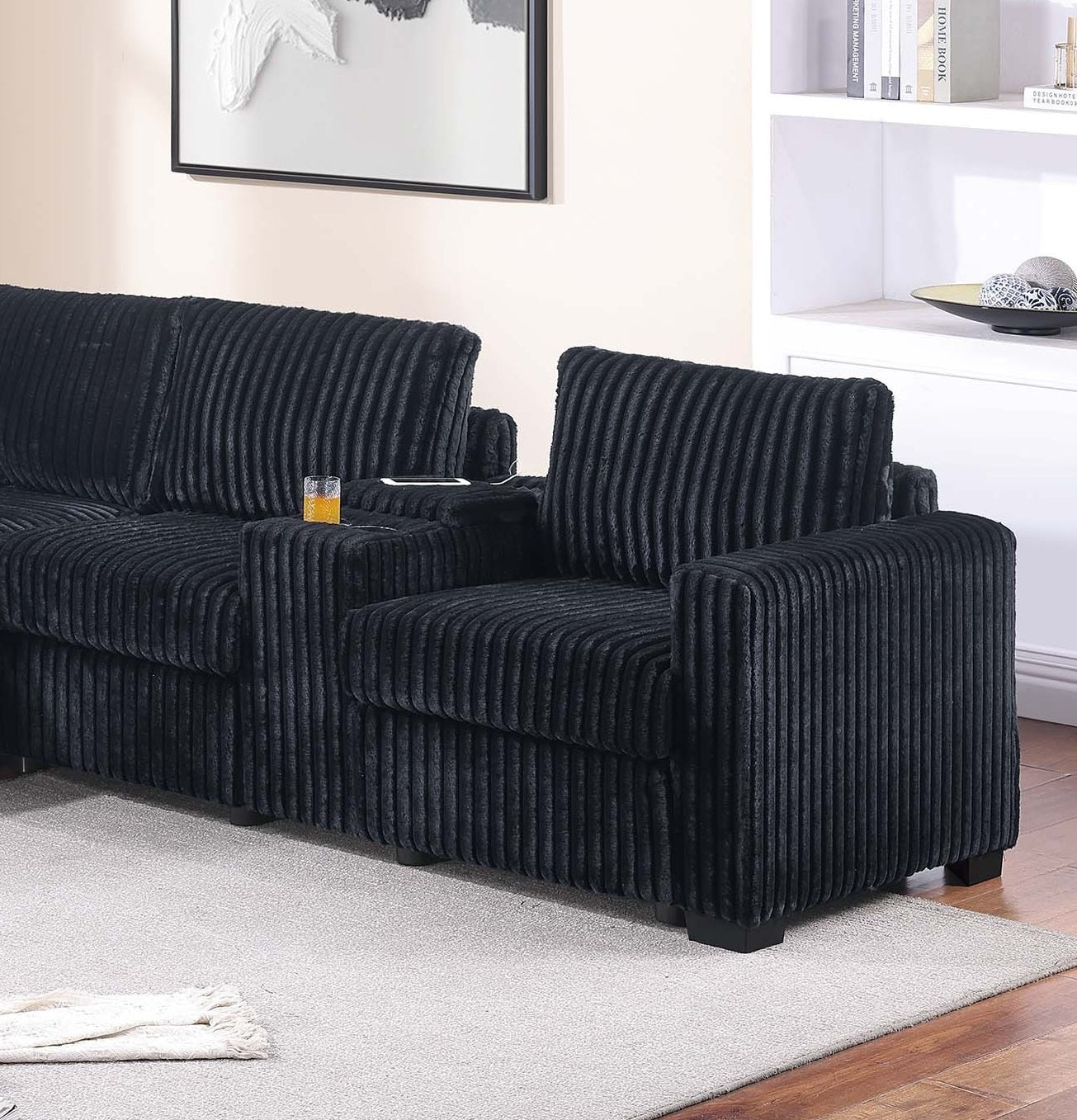 5-Seat Black Corduroy Sectional Sofa - Modern Living Room