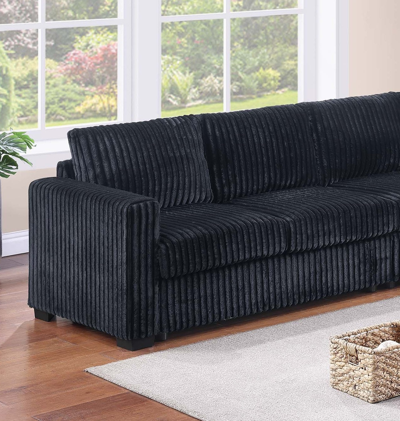 5-Seat Black Corduroy Sectional Sofa - Modern Living Room
