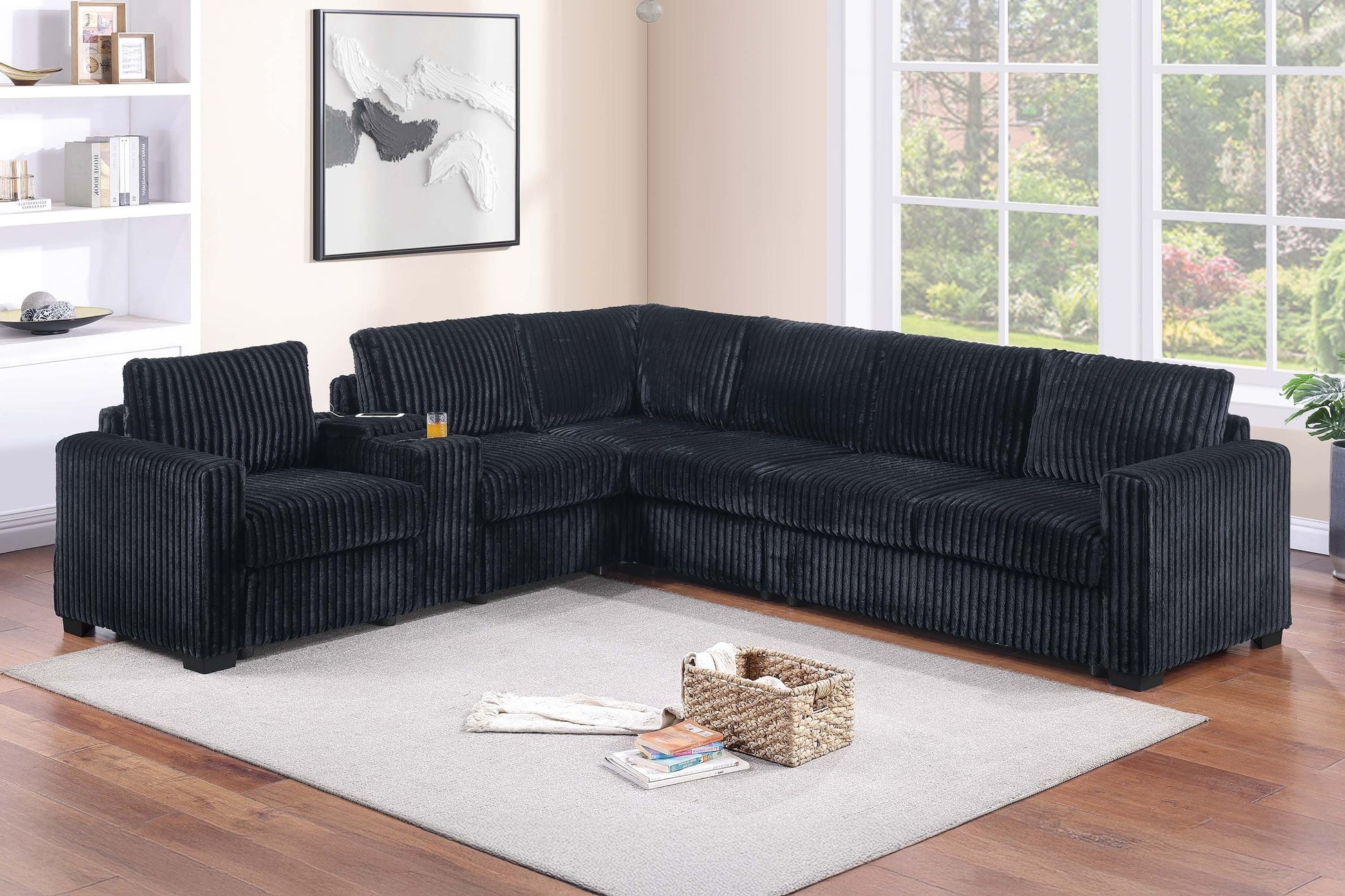 5-Seat Black Corduroy Sectional Sofa - Modern Living Room
