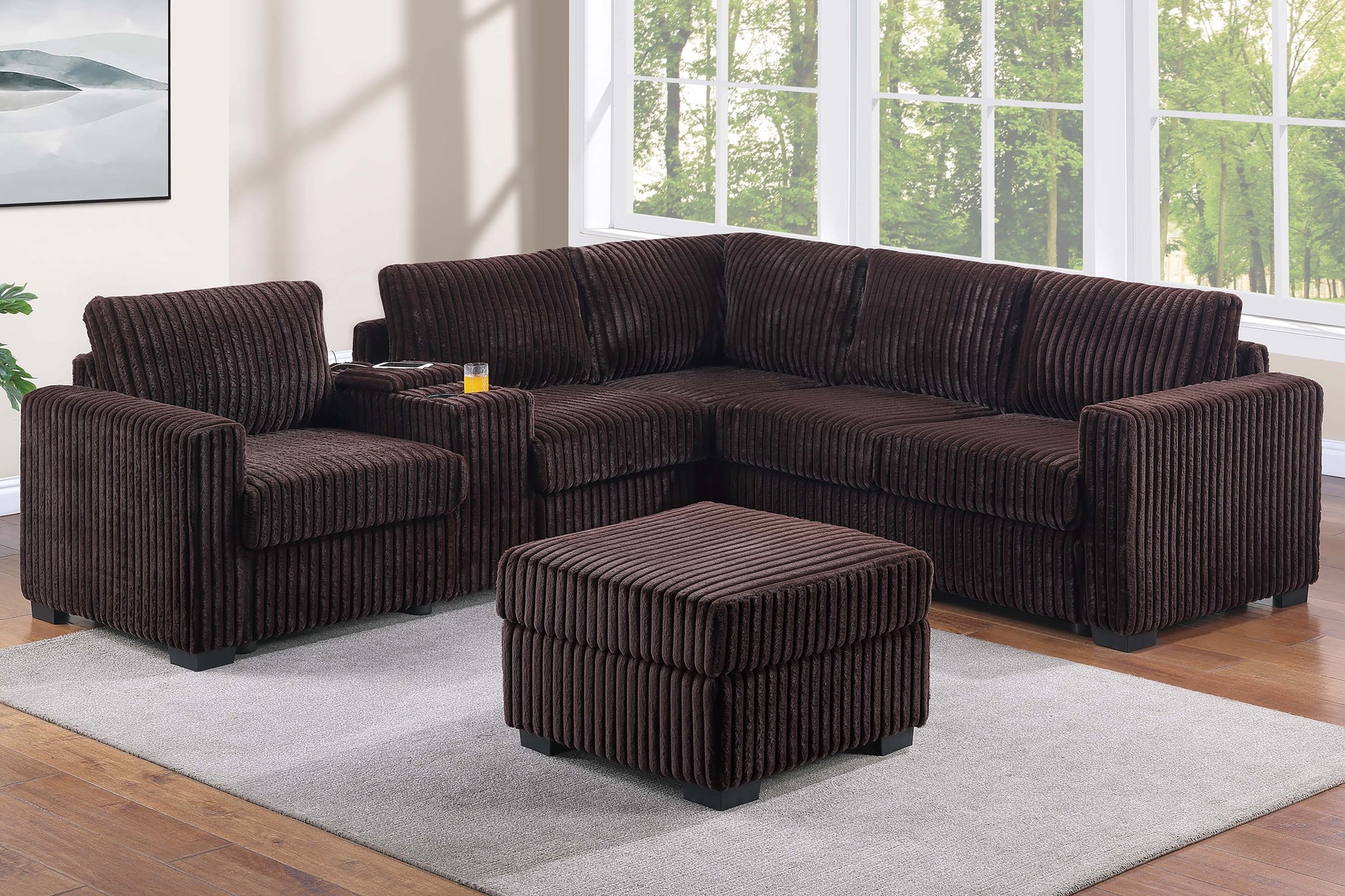 Coffee Corduroy L-Shaped Sectional Sofa 4 Piece for Living Room