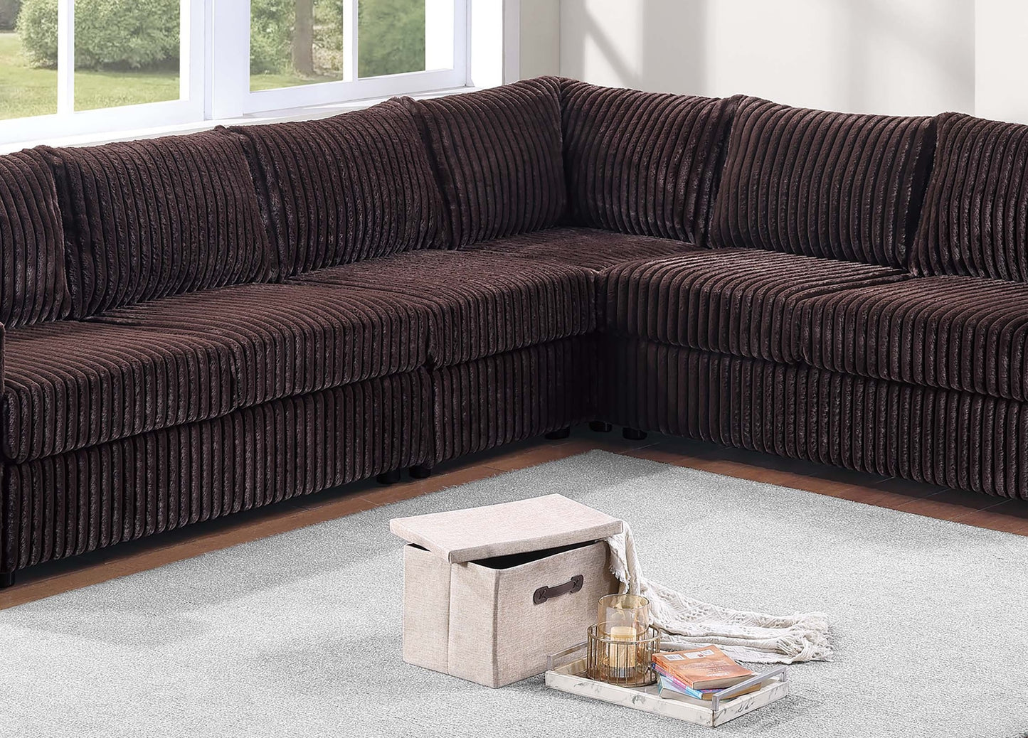 L-Shaped Corduroy Sectional Set - Coffee, 4pc Armless for Living Room