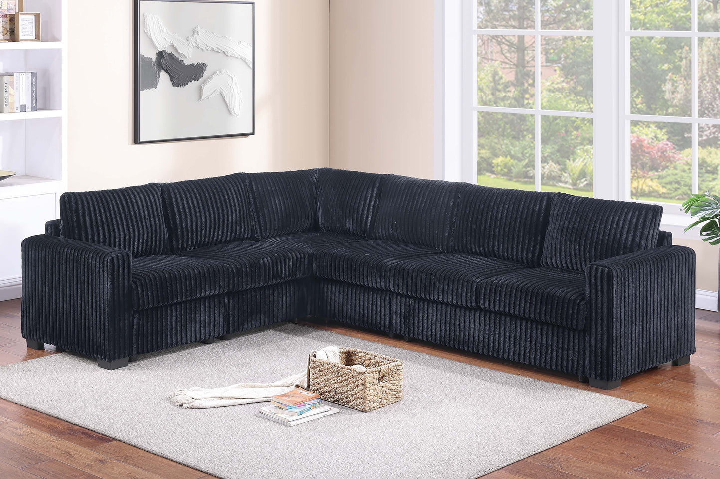 Black Corduroy L-Shaped Sectional Sofa - 4 Piece Set
