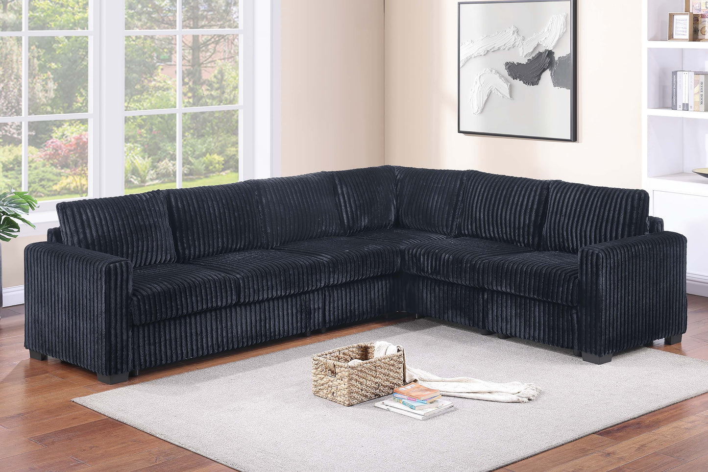 Black Finish L-Shaped Sectional Set 4pc One Arm Loveseat Armless Chair Corner Wedge Cushion Back Plastic Leg Corduroy Upholstered Primary Living Room