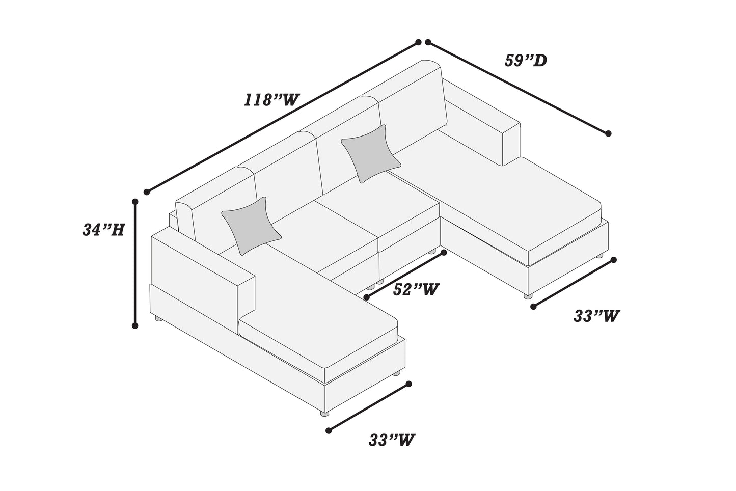 Dark Gray Corduroy U-Shaped Sectional Sofa 3 Piece Set