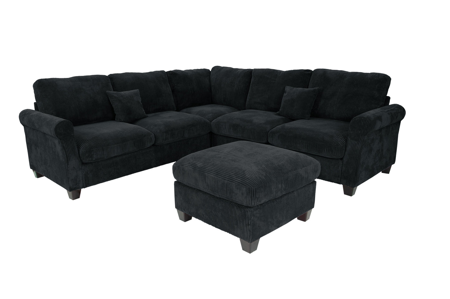 4pc Corduroy Sectional Set - Black & Matching Pillows