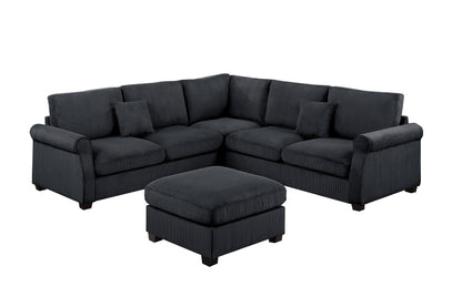 4pc Corduroy Sectional Set - Black & Matching Pillows
