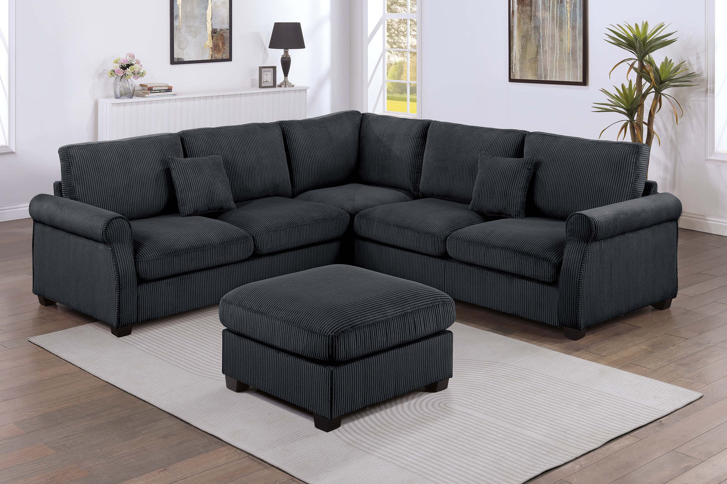 4pc Corduroy Sectional Set - Black & Matching Pillows