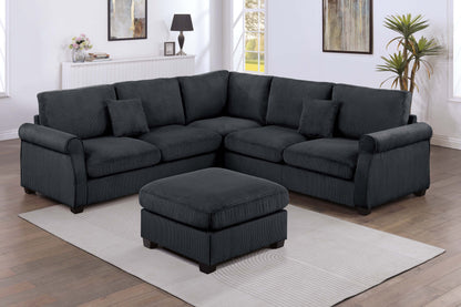 4pc Corduroy Sectional Set - Black & Matching Pillows
