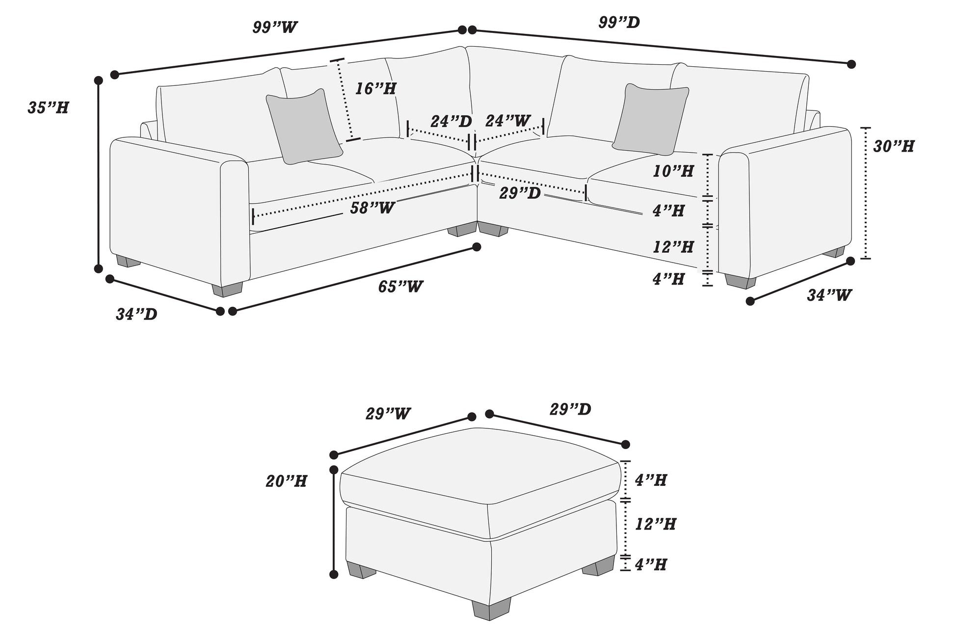Dark Gray Corduroy 4 Seat Sectional Sofa