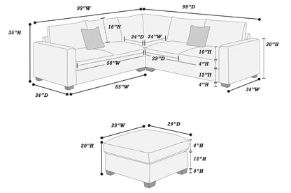 Dark Gray Corduroy 4 Seat Sectional Sofa