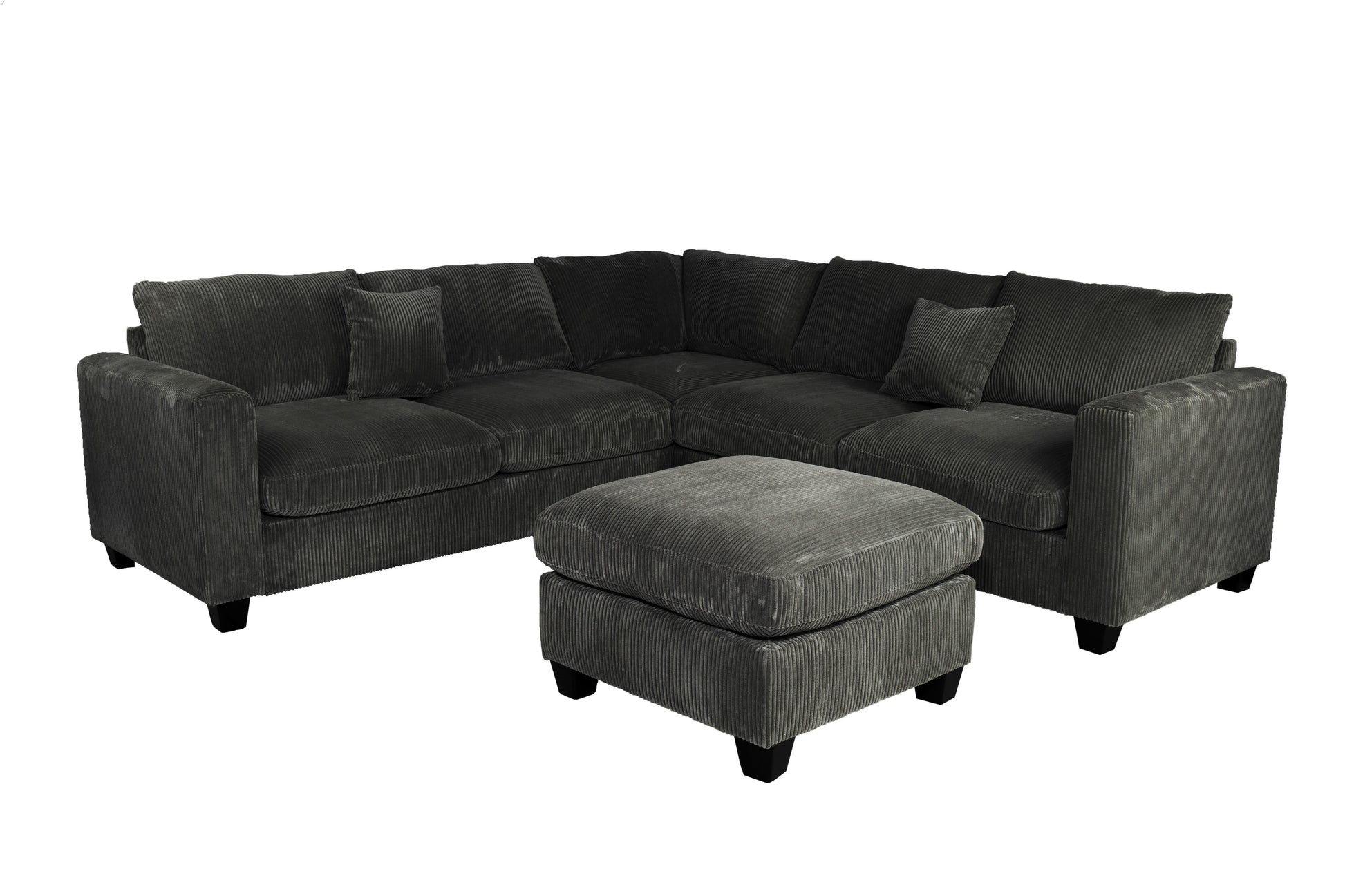 Modern Black Corduroy Sectional - 4 Seat L-Shaped Sofa
