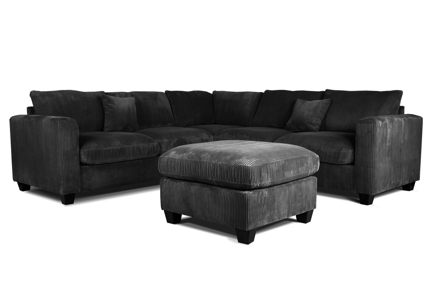 Modern Black Corduroy Sectional - 4 Seat L-Shaped Sofa