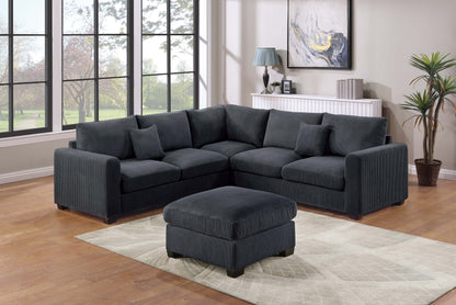 Modern Black Corduroy Sectional - 4 Seat L-Shaped Sofa