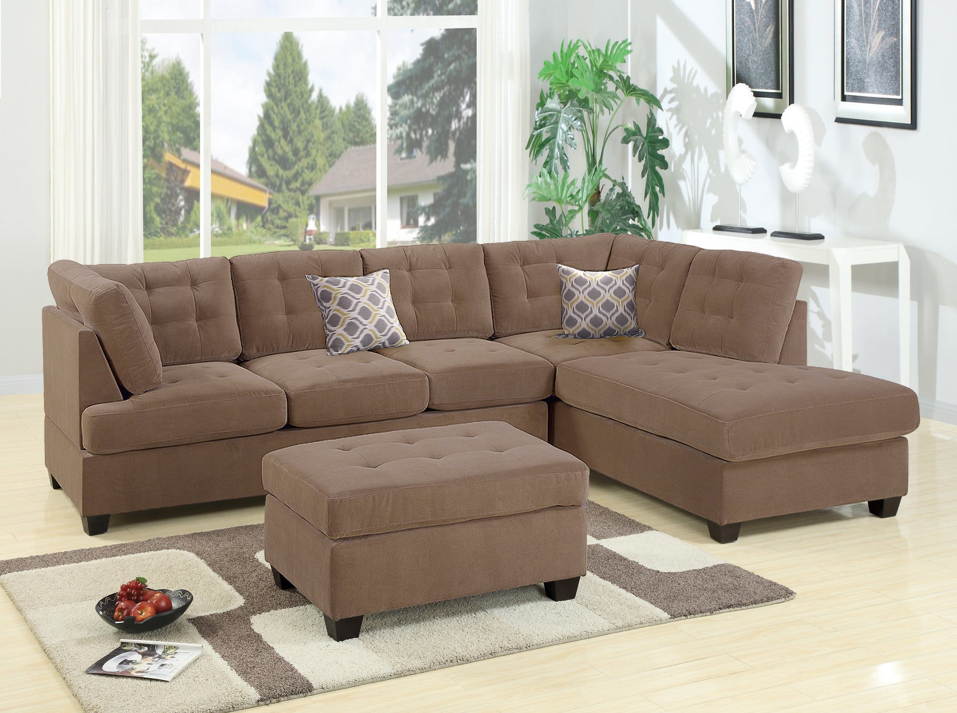 Living Room Sectional Waffle Suede Truffle Color Sectional Sofa w Pillows Couch Tufted Cushion Contemporary (NO OTTOMAN)