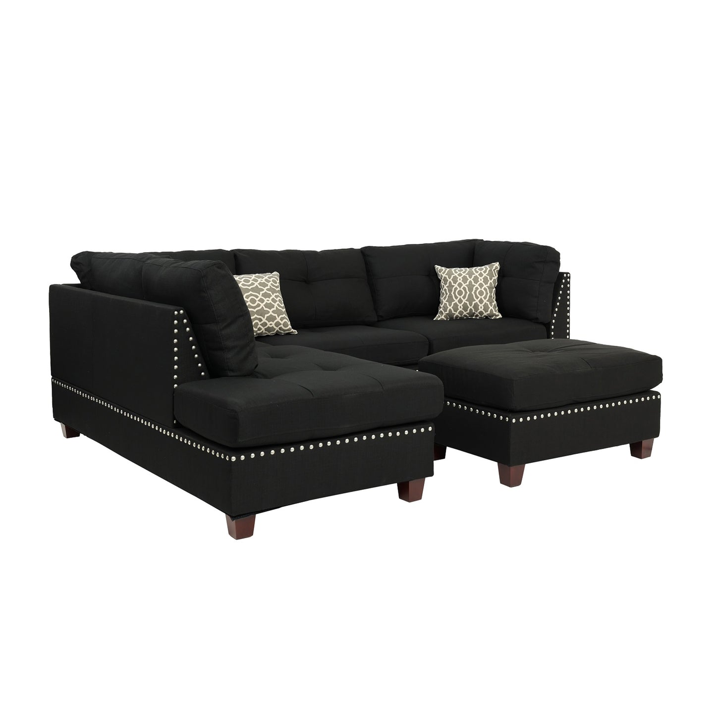 Reversible Polyfiber Sectional Sofa with Ottoman, Black
