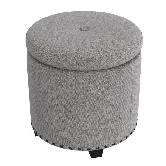 Zoya Storage Ottoman, 19 Inch Round Lift Top, Light Gray Woven Fabric