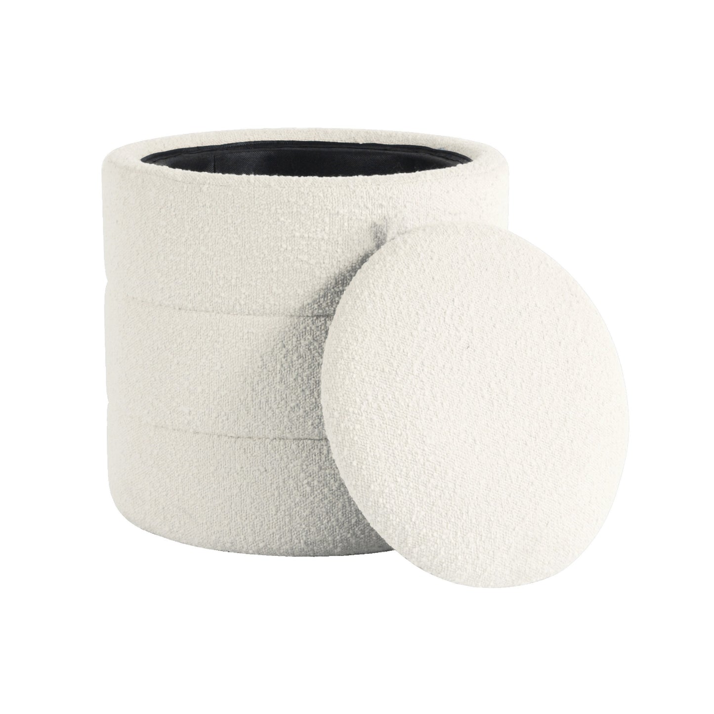 Pero Storage Ottoman, 18 Inch Round Removable Lid, White Boucle Fabric