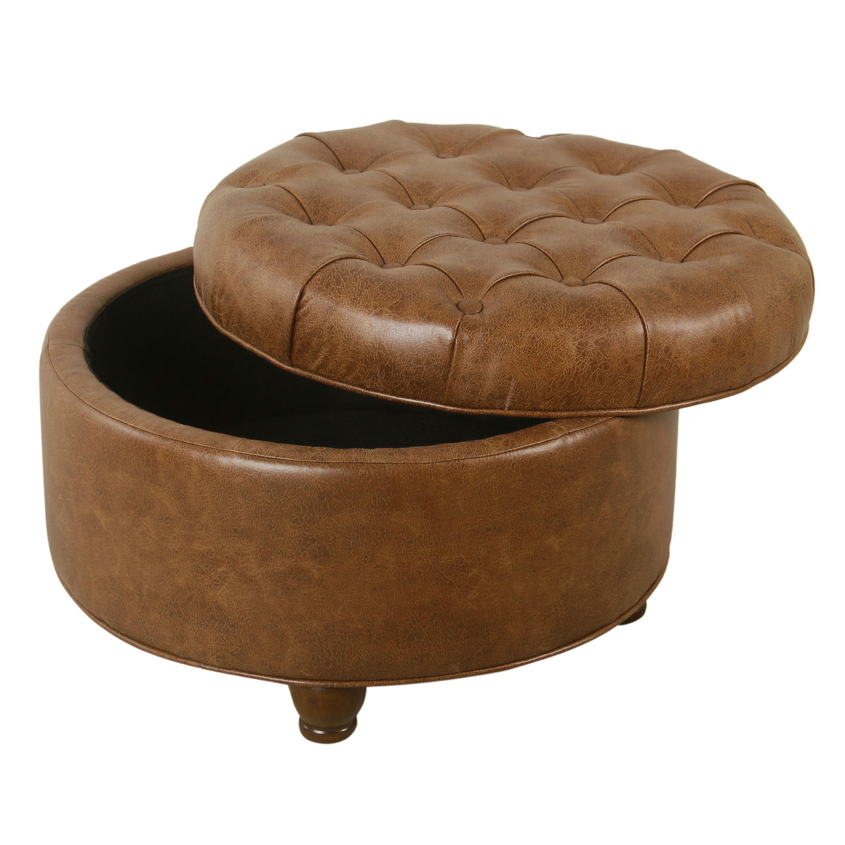 25 Inch Round Brown Wood Fabric Storage Ottoman for Living Room