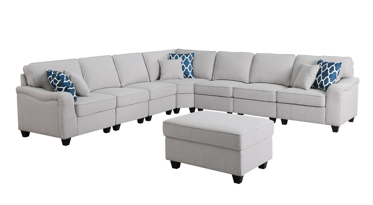 Light Gray Linen 8-Piece Modular Sectional Sofa & Ottoman