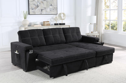Toby 95" Black Woven Fabric Reversible Sleeper Sectional Sofa with Storage Chaise Cup Holder Charging Ports and Pockets