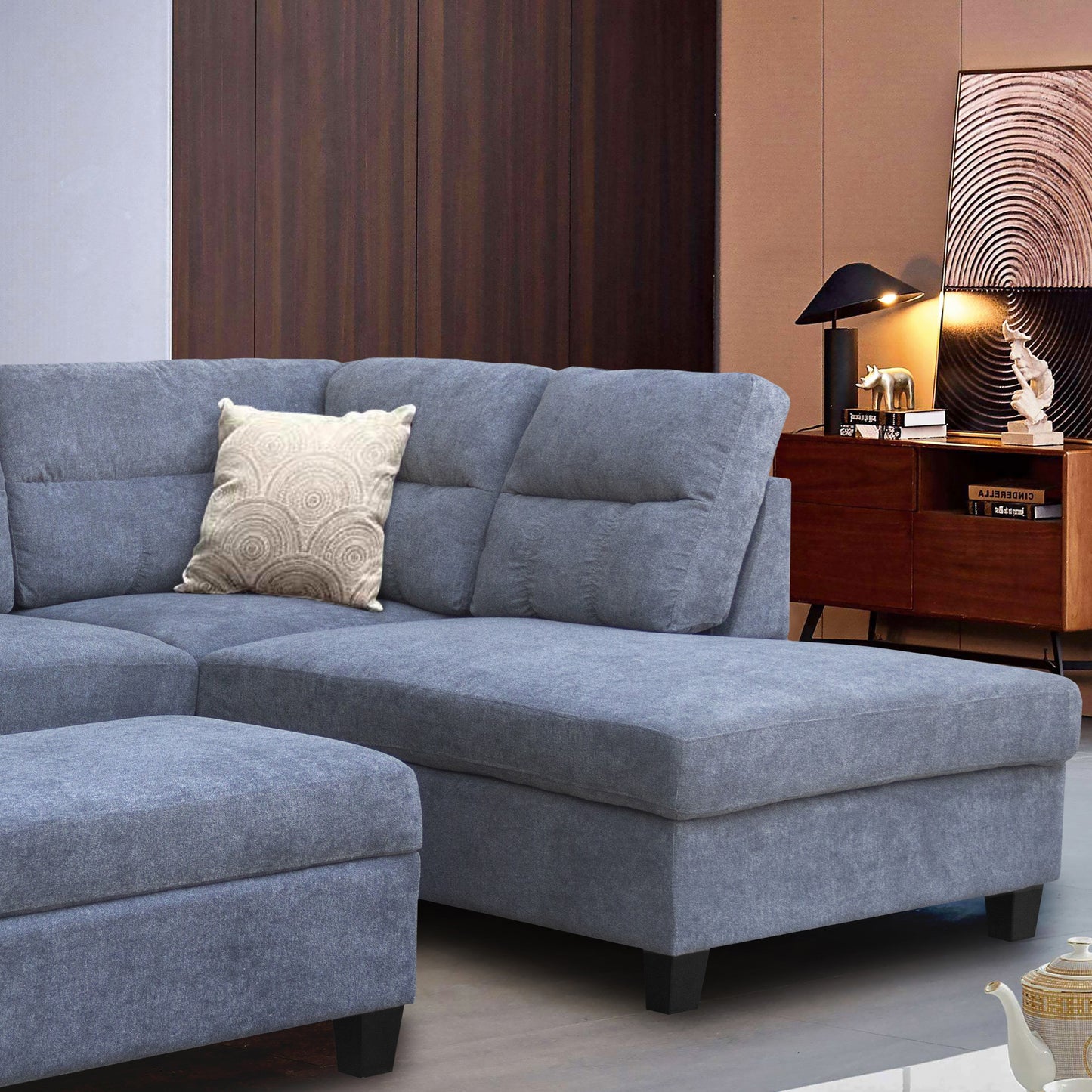 Gray Fabric Sectional Sofa - 100" Wide with Ottoman
