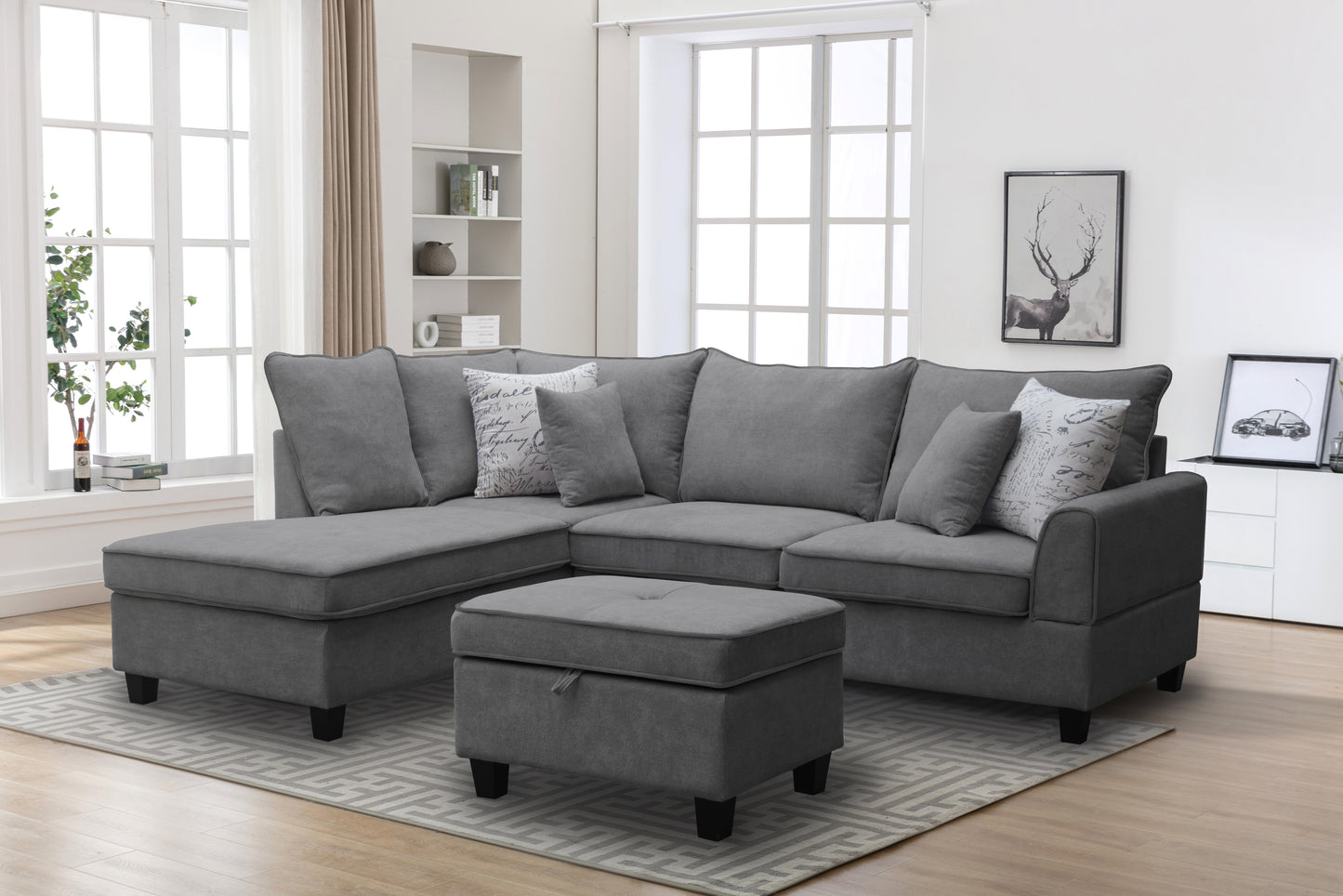 Harmony 99-inch Gray Fabric Sectional Sofa with Left-Facing Chaise, Storage Ottoman, and 4 Throw Pillows